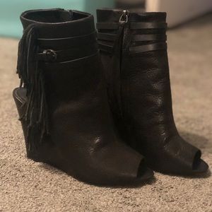Fringe peep toe booties